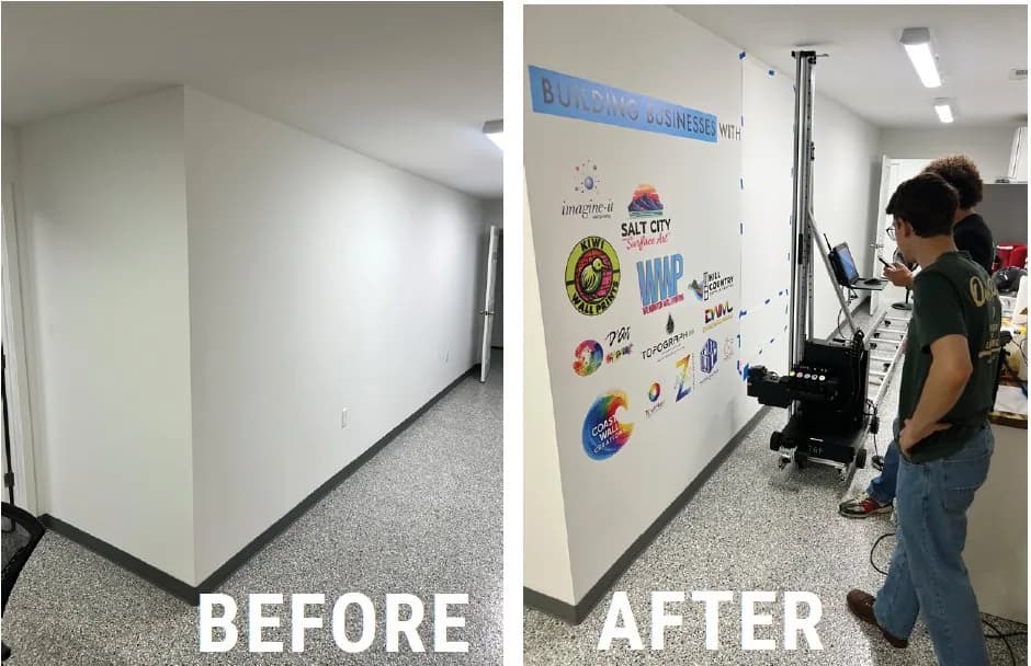 Office wall printed directly on the drywall, before and after